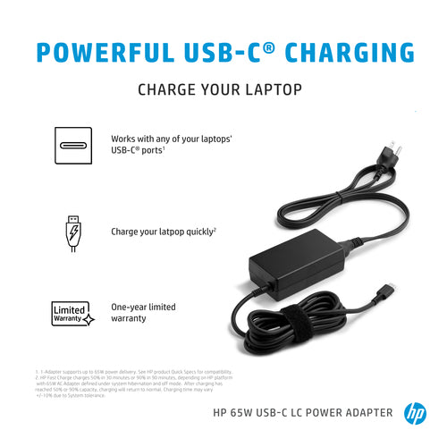 HP Power Adapter AC 65W USB-C Output - C6 3-Pin AC Input - Slim Travel
