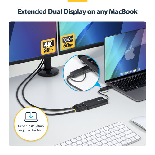 STARTECH.COM USB TO DUAL HDMI ADAPTER, USB A/C TO 4K30+1080P HDMI CONVERTER 3 YR