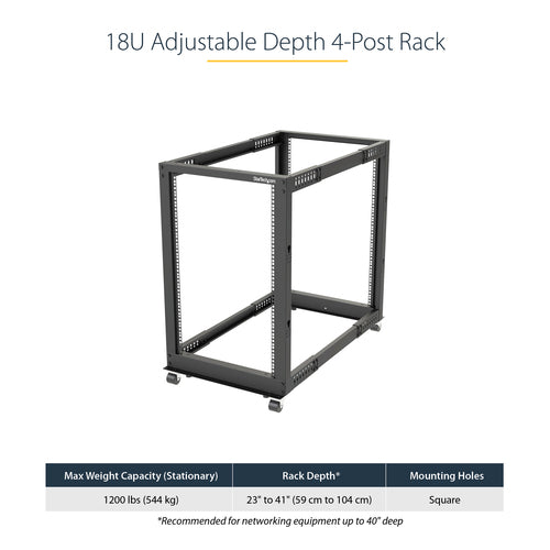 StarTech.com 4POSTRACK18U - Rack - 18U Open Frame - 22-40 in. Depth