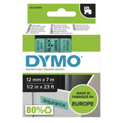 S0720590 - Dymo Blk on Grn 12mmx7m Tape