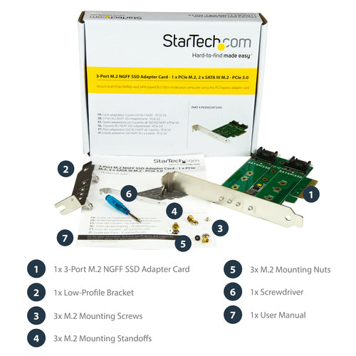 PEXM2SAT32N1 - STARTECH.COM 3PT M.2 SSD ADAPTER CARD - 1X PCIE (NVME) 2X SATA M.2 PCIE 3.0 2 YR
