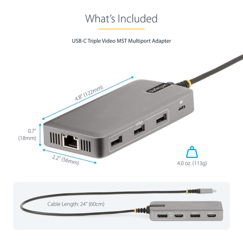 STARTECH.COM USB-C TRIPLE-MONITOR MULTIPORT ADAPTER, PD PASS-THROUGH, GBE 3 YR