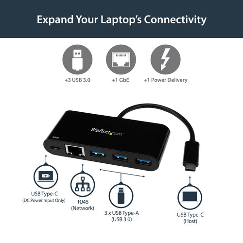 StarTech.com US1GC303APD - USB-C to GbE Adapter w/ 3-Port USB Hub