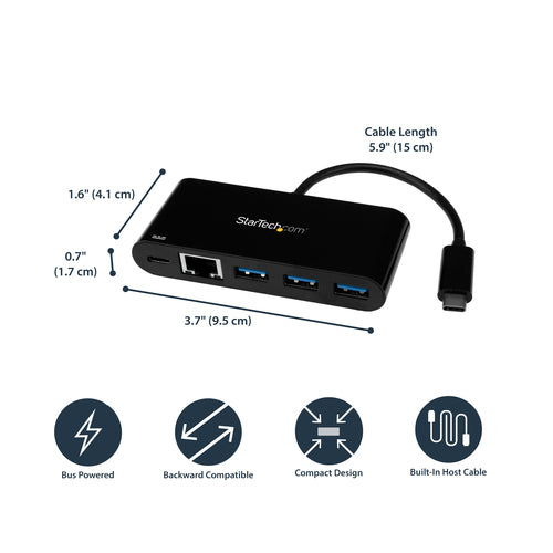 StarTech.com US1GC303APD - USB-C to GbE Adapter w/ 3-Port USB Hub