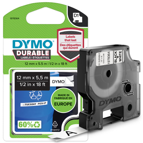 1978364 - Dymo D1 Blk on Wht 12mm x 5.5m