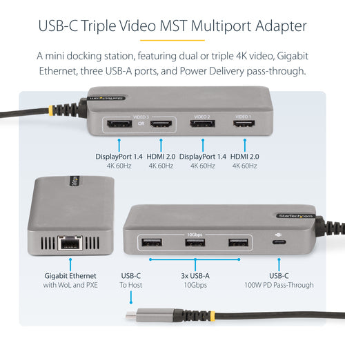 STARTECH.COM USB-C TRIPLE-MONITOR MULTIPORT ADAPTER, PD PASS-THROUGH, GBE 3 YR