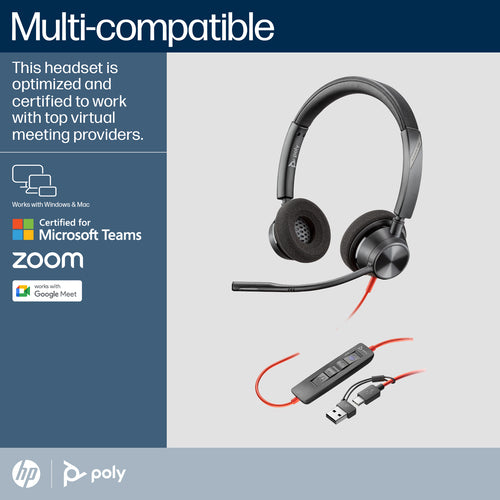 HP 8X220AA - Poly Blackwire 3320 Stereo Microsoft Teams Certified USB-C Headset +USB-C/A Adapter
