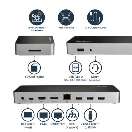 StarTech.com DK30CHDDPPD - DUAL MONITOR USB C DOCK - 60W PD - SD