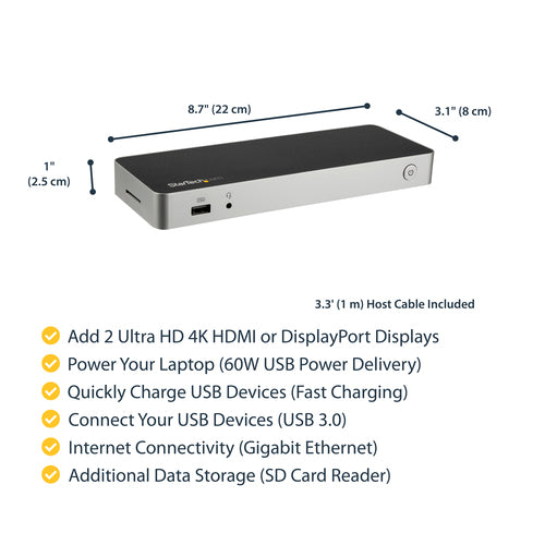 StarTech.com DK30CHDDPPD - DUAL MONITOR USB C DOCK - 60W PD - SD