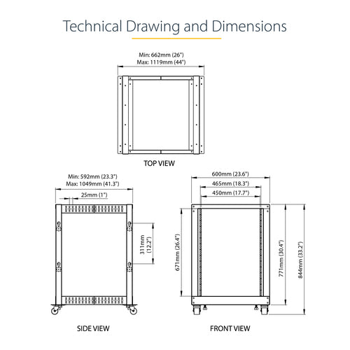 StarTech.com 4POSTRACK15U - 15U 19in Open Frame Server Rack 22-40in