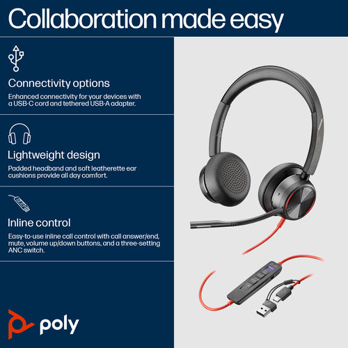 Poly Blackwire 8225 Stereo Microsoft Teams Certified USB-C Headset+USB-C/A Adptr