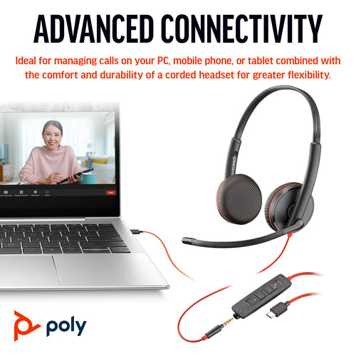 HP 8X229AA - Poly Blackwire 3225 Stereo USB-C Headset +3.5mm Plug +USB-C/A Adapter