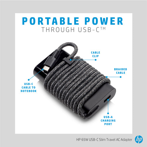 3PN48AA - HP Power Adapter AC 65W USB-C Output - C6 3-Pin AC Input - Slim Travel