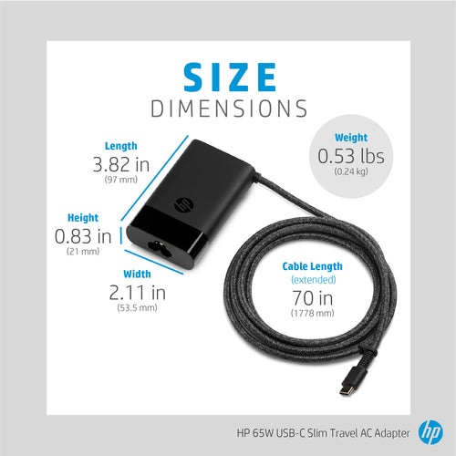 3PN48AA - HP Power Adapter AC 65W USB-C Output - C6 3-Pin AC Input - Slim Travel