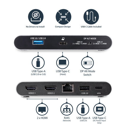 StarTech.com DK30C2HAGPD - USB C Multiport Adapter - Dual HDMI - PD
