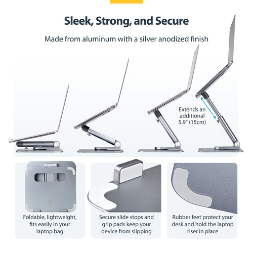 STARTECH.COM TELESCOPIC LAPTOP STAND, 360 SWIVEL BASE, RISER FOR DESK, 5 YR