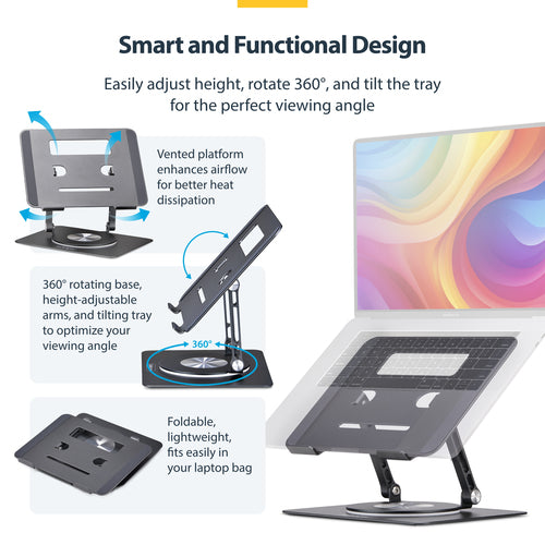 STARTECH.COM ROTATING LAPTOP STAND, 360 SWIVEL, ERGONOMIC DESK RISER, 5 YR