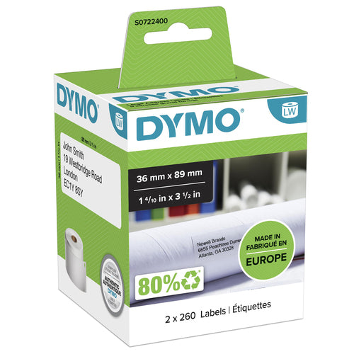 DYMO S0722400 - Genuine LabelWriter Address Labels (Self-Adhesive). 36mm x 89mm labels. Black on White.