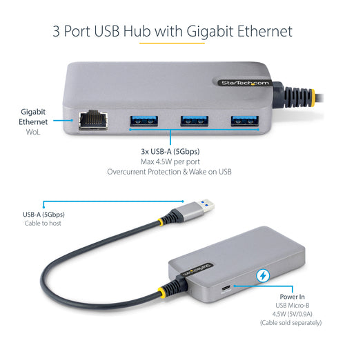 STARTECH.COM 3-PORT USB HUB W/ GIGABIT ETHERNET ADAPTER, PORTABLE, 3X USB-A 2 YR