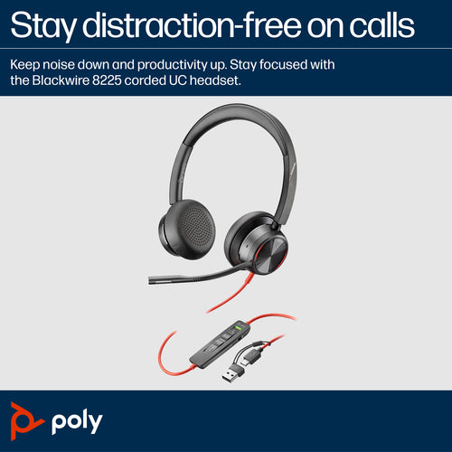 Poly Blackwire 8225 Stereo Microsoft Teams Certified USB-C Headset+USB-C/A Adptr