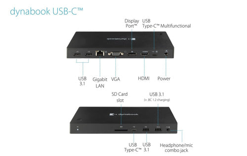 PA5356A-1PRP - DYNABOOK USB-C DOCK, 65W CHARGE, HDMI, DP, VGA, USB3.1(4), 1GbE, SD CARD, 3YR WTY