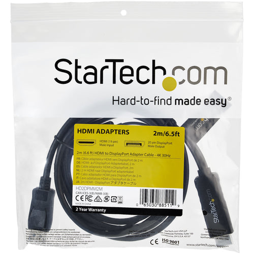 StarTech.com HD2DPMM2M - Adapter - HDMI to DisplayPort Cable - 4K