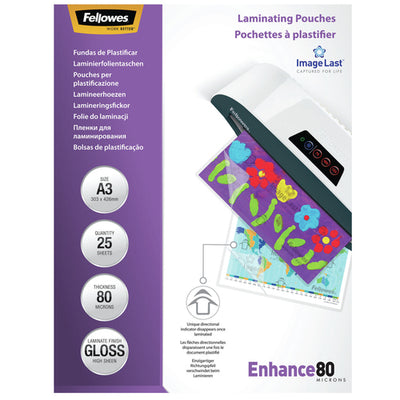 5396403 - Fellowes Laminierfolien A3 Glanz 80 Mikron, Packung mit 25