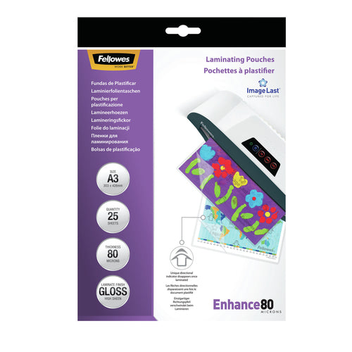 5396403 - Fellowes Laminating Pouches A3 Gloss 80 Micron, Pack of 25