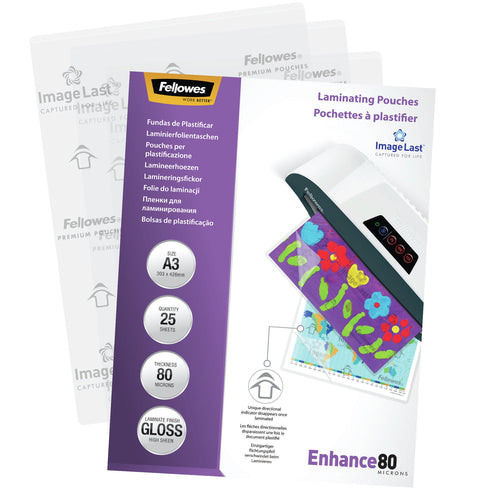 5396403 - Fellowes Laminating Pouches A3 Gloss 80 Micron, Pack of 25