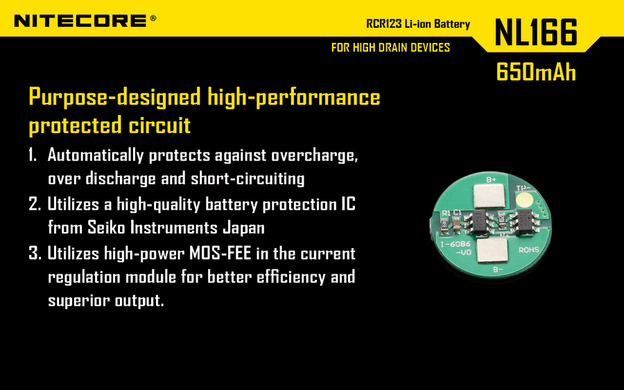 NL166 - NITECORE LI-ION RECHARGEBALE BATTERY RCR123A (3.7V; 650mAh)