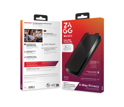 ZAGG InvisibleShield Glass Elite Privacy 360 Screen Protector iPhone 17e, 16e, 14, 13 Pro,