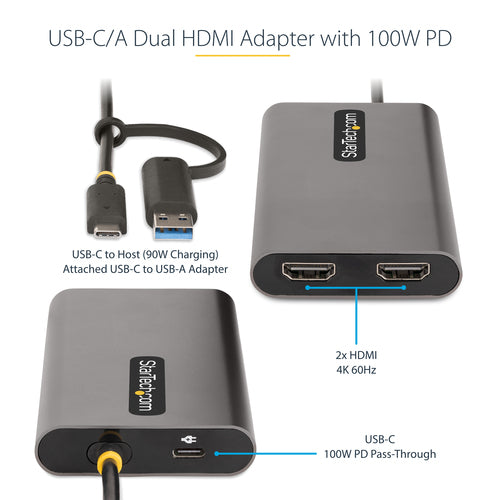 STARTECH.COM USB-A / USB-C TO DUAL-HDMI ADAPTER/CONVERTER, 4K 60HZ, 100W PD 3 YR