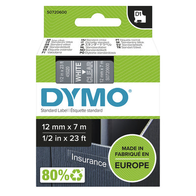 S0720600 - Dymo Wht on Clr 12mmx7m Tape