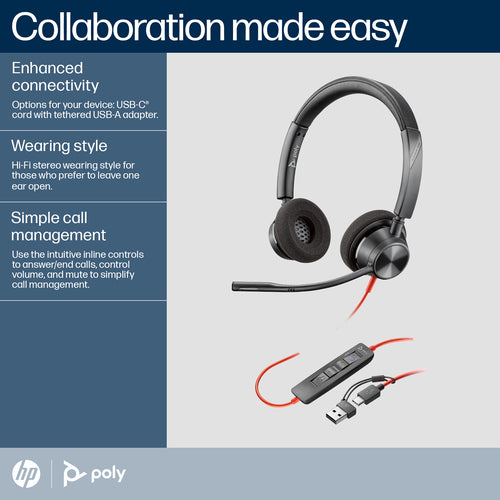 HP 8X220AA - Poly Blackwire 3320 Stereo Microsoft Teams Certified USB-C Headset +USB-C/A Adapter