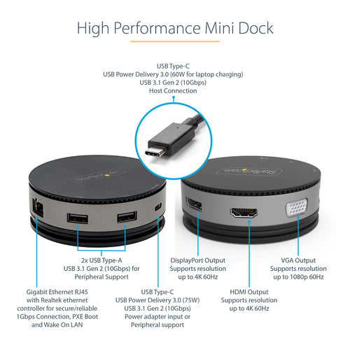 DKT31CHDVCM - STARTECH.COM USB C MULTIPORT ADAPTER - MINI DOCK HDMI/DP/VGA - PD/USB/GBE 3 YR
