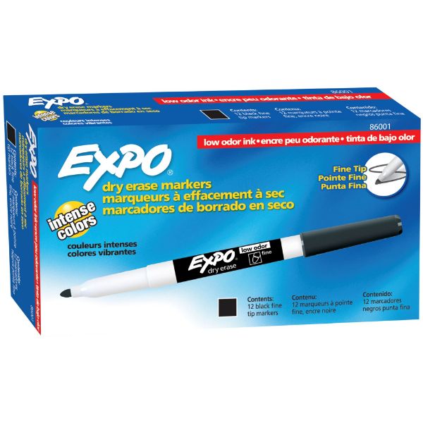EXPO 86001 - Dry Erase Markers w/ Fine Point Tips 12-Pack. Black Bright Vivid Non-toxic Ink.