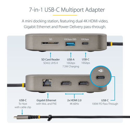 STARTECH.COM USB C MULTIPORT ADAPTER, DUAL 4K 60HZ HDMI, 10GBPS USB HUB, PD 3 YR