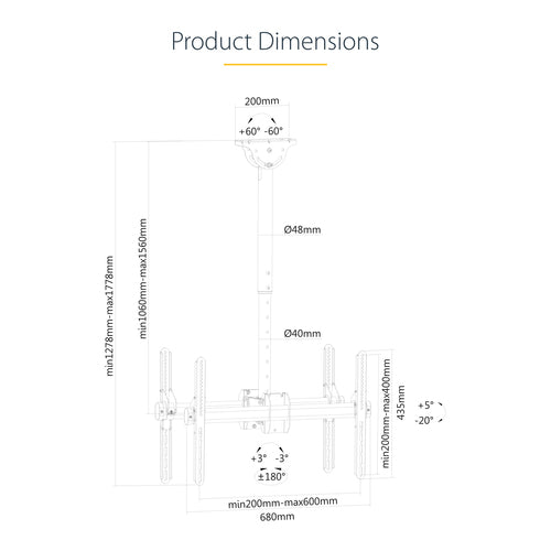 FPCEILBTB - STARTECH.COM DUAL TV CEILING MOUNT, HANGING 2 SCREEN VESA POLE MOUNT FOR 32