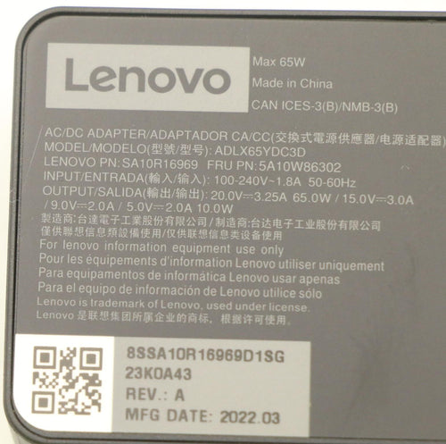IBM Power Adapter AC 65W 20VDC 3.25A USB Type-C Output - C6 3-Pin AC Input - FRU