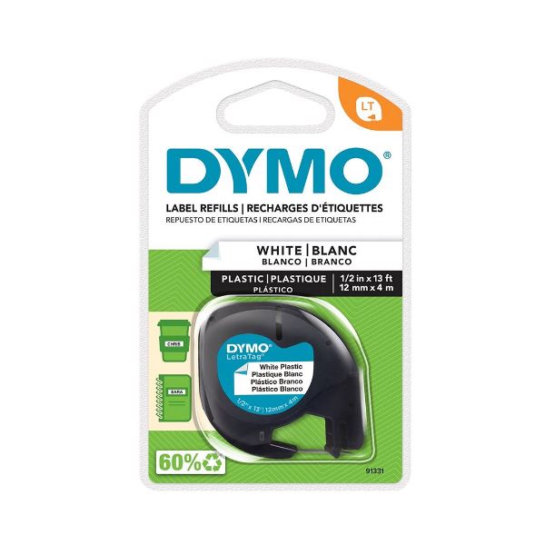 DYMO 91331 - Genuine Pearl White Plast Tape LetraTag Plastic Tape. 12mm x 4m. Tear-resist & easy-to-use
