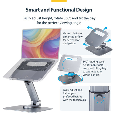 STARTECH.COM TELESCOPIC LAPTOP STAND, 360 SWIVEL BASE, RISER FOR DESK, 5 YR