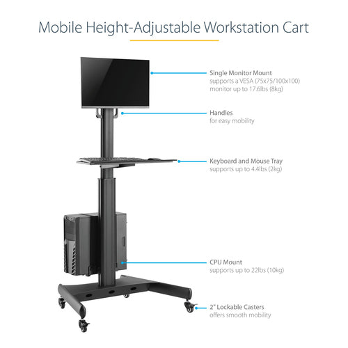 StarTech.com WKSTNCART - Mobile Workstation Cart w Monitor Mount