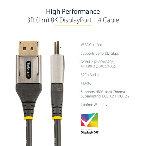 StarTech.com DP14VMM1M - 3ft Certified DisplayPort 1.4 Cable 8K