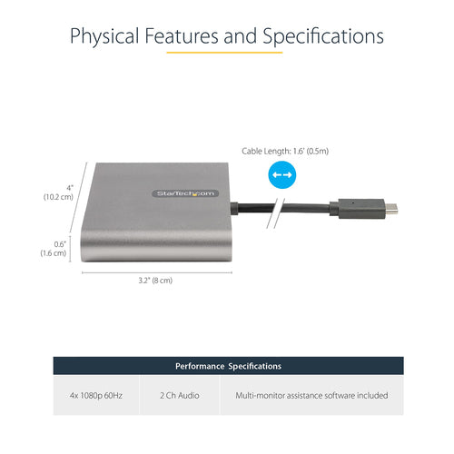 StarTech.com USBC2HD4 - USB C to 4 HDMI Adapter - External Card