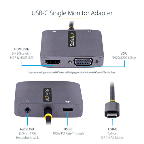 STARTECH.COM USB C VIDEO ADAPTER, USB C TO HDMI (4K60HZ, HDR)/VGA, AUDIO/PD 3 YR