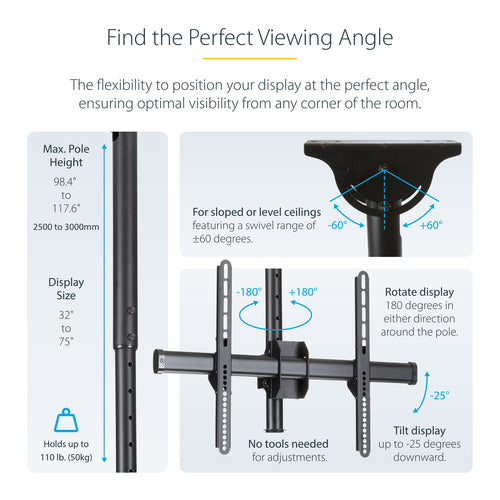 StarTech.com FPCEILPTBLP - Ceiling TV Mount - Long Pole - Steel