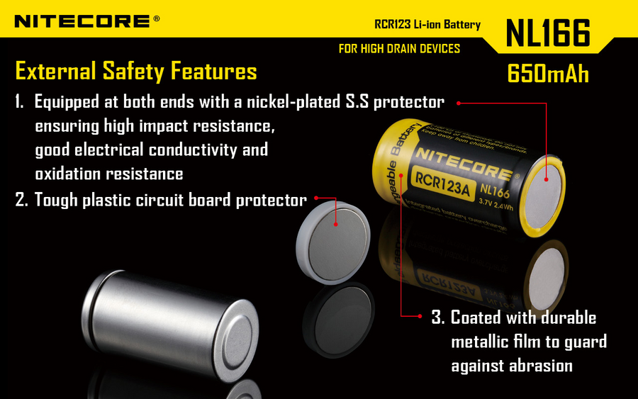 NL166 - NITECORE LI-ION RECHARGEBALE BATTERY RCR123A (3.7V; 650mAh)