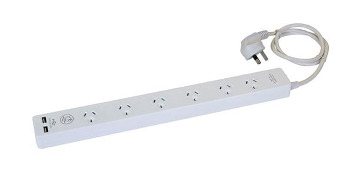 A16U - DYNAMIX 6-way 10A Home & Office Powerboard with two USB 3.4A Rapid Charging Ports. Safety Overload with Push Button Reset. Includes 1m Power Cable. For Indoor Use ONLY.