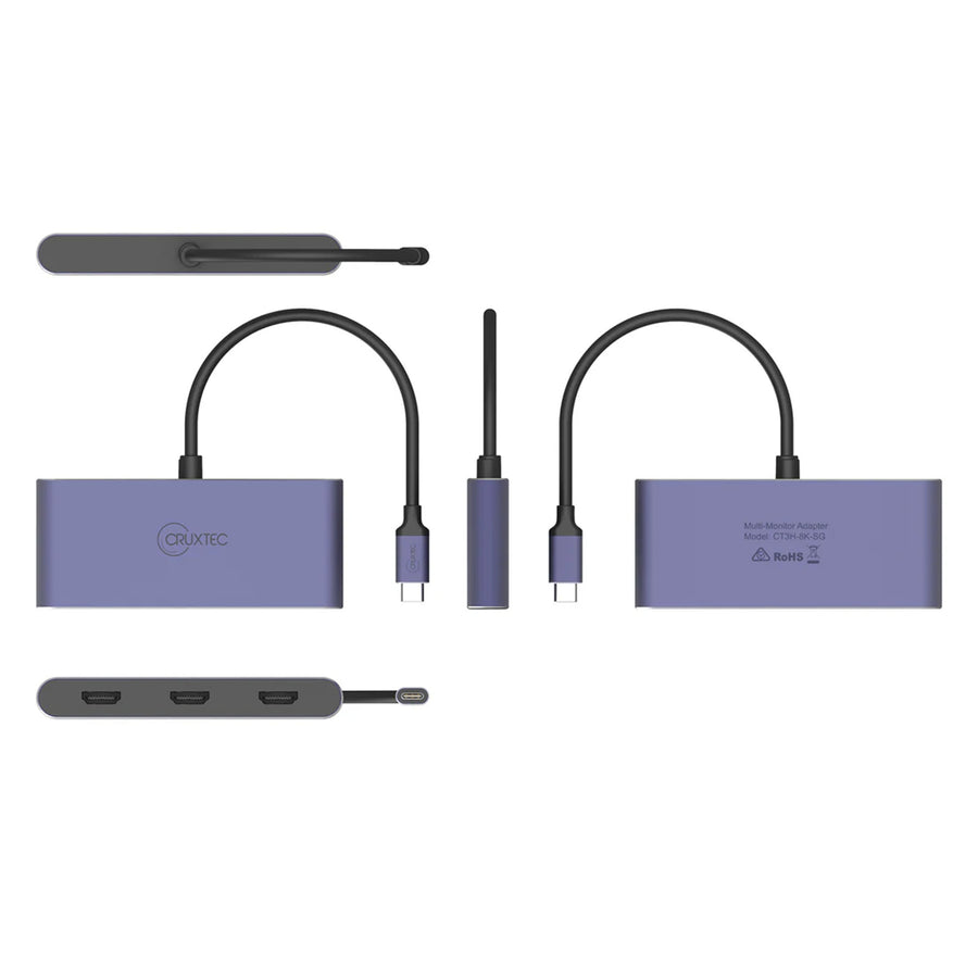 Cruxtec CT3H-8K-SG USB-C 3.2 to 3x HDMI Multi-Monitor Adapter - Supports Resolution up to 4K/60Hz