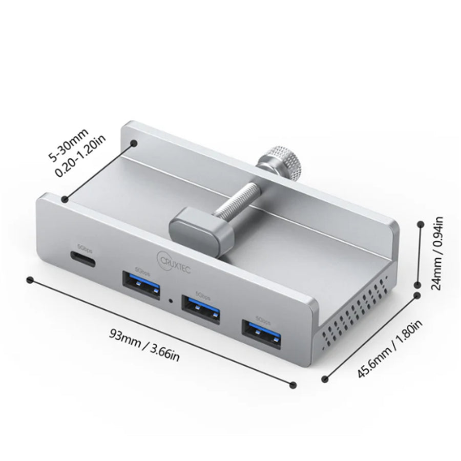 Cruxtec   4 Port Clamp-Mounted USB 3.0 Hub with Type-C Power Port